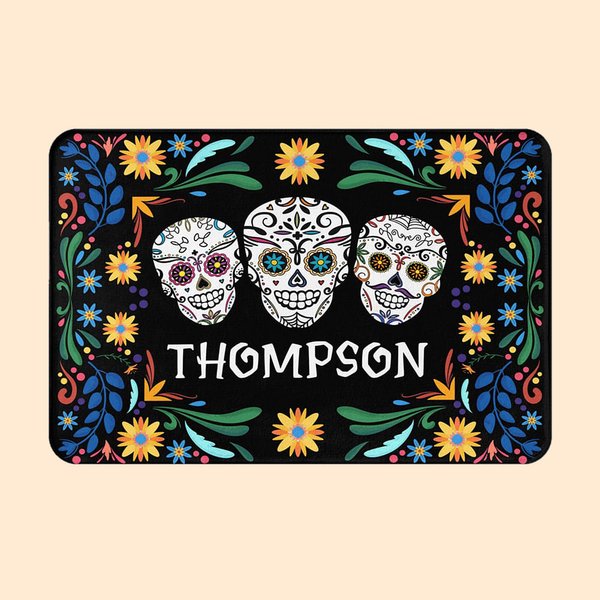 Personlig mexikansk blommig sockerskalle dörrmatta med namn halkfri heminredning Day of the Dead Housewarming Present till familj vän