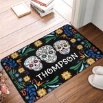 Felpudo de calavera de azúcar floral mexicano personalizado con nombre Antideslizante Decoración para el hogar Día de los Muertos Regalo de inauguración para un amigo de la familia