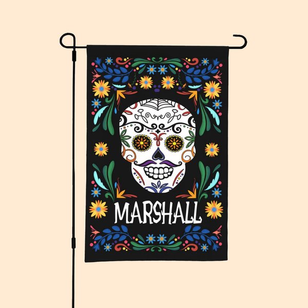 Personalised Mexican Floral Sugar Skull Garden Flag with Name Yard Porch Decor Day Of The Dead Gift for Family Gardening Lover