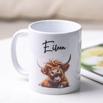 Personalized Funny Highland Cow Ceramic 11oz Mug with Name Birthday Gift for Cow Lovers
