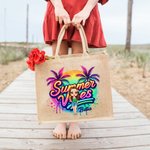Personalized Cartoon Woman Coconut Tree Summer Vibes Jute Tote Bag with Name Holiday Beach Travel Essentials Gift for Woman