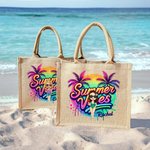 Personalized Cartoon Woman Coconut Tree Summer Vibes Jute Tote Bag with Name Holiday Beach Travel Essentials Gift for Woman