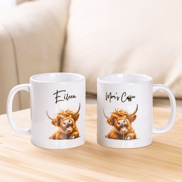 Personalised Funny Highland Cow Ceramic 11oz Mug with Name Birthday Gift for Cow Lovers