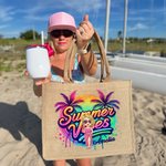 Personalized Cartoon Woman Coconut Tree Summer Vibes Jute Tote Bag with Name Holiday Beach Travel Essentials Gift for Woman