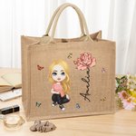 Personalisierte Cartoon-Charakter Jute-Tasche mit Geburtsblume Namen Große Kapazität Tote Bag Muttertag Geburtstag Geschenk für Damen Mädchen