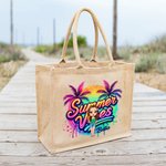 Personalized Cartoon Woman Coconut Tree Summer Vibes Jute Tote Bag with Name Holiday Beach Travel Essentials Gift for Woman
