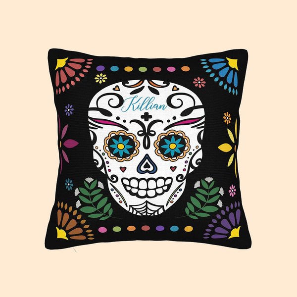 Gepersonaliseerde Mexicaanse Bloemen Suiker Schedel Kussenhoes met Naam Gotisch Home Decor Dag van de Doden Cadeau voor Familie
