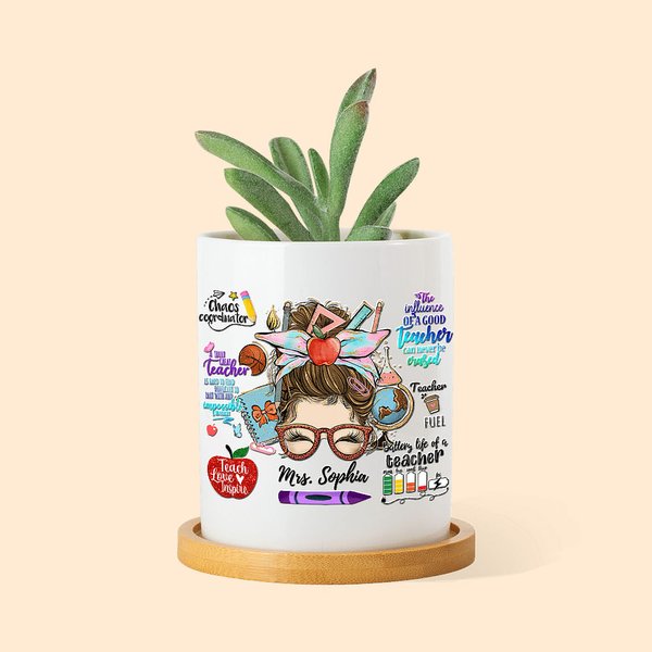 Personalizzato Carino Cartoon Pencil Apple Teach Love Inspire Vaso per piante in ceramica con nome e base in bambù Apprezzamento Regalo di ritorno a s