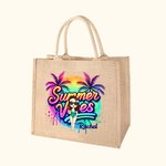 Personalized Cartoon Woman Coconut Tree Summer Vibes Jute Tote Bag with Name Holiday Beach Travel Essentials Gift for Woman