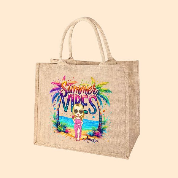 Personalised Colourful Summer Vibes Coconut Tree Cartoon Large Capacity Jute Tote Bag with Name Holiday Beach Party Gift for Women Girls
