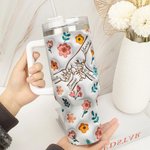 Spersonalizowany kubek termiczny Mama i Dzieci Ręka w Rękę 3D Kwiaty 40 uncji z imionami i słomką Prezent na Dzień Matki dla Mamy Babci