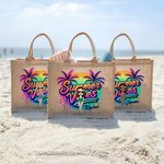 Personalized Cartoon Woman Coconut Tree Summer Vibes Jute Tote Bag with Name Holiday Beach Travel Essentials Gift for Woman