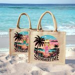 Personalised Cute Cartoon Woman Resort Summer Time Coconut Tree Jute Tote Bag with Name Holiday Travel Beach Party Gift for Her