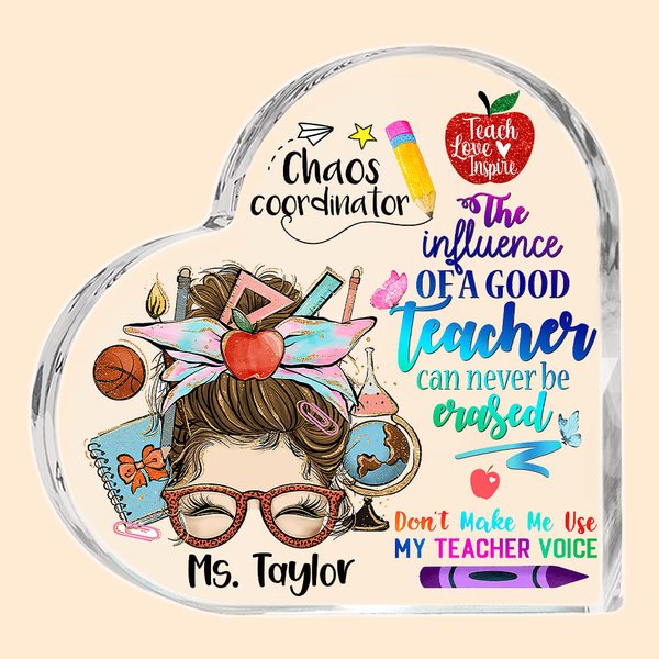 Divertente matita personalizzata del cartone animato Apple Teach Love Inspire Acrylic Heart Plaque with Name Desk Decor Appreciation Back to School Gi