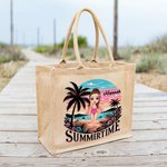 Personalised Cute Cartoon Woman Resort Summer Time Coconut Tree Jute Tote Bag with Name Holiday Travel Beach Party Gift for Her