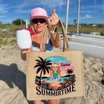 Personalised Cute Cartoon Woman Resort Summer Time Coconut Tree Jute Tote Bag with Name Holiday Travel Beach Party Gift for Her
