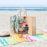 Personalised Cute Cartoon Woman Resort Summer Time Coconut Tree Jute Tote Bag with Name Holiday Travel Beach Party Gift for Her