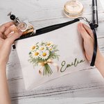 Borsa per il trucco in lino con cinturino da polso personalizzato con nome e fiore di nascita accessori da viaggio per la doccia nuziale