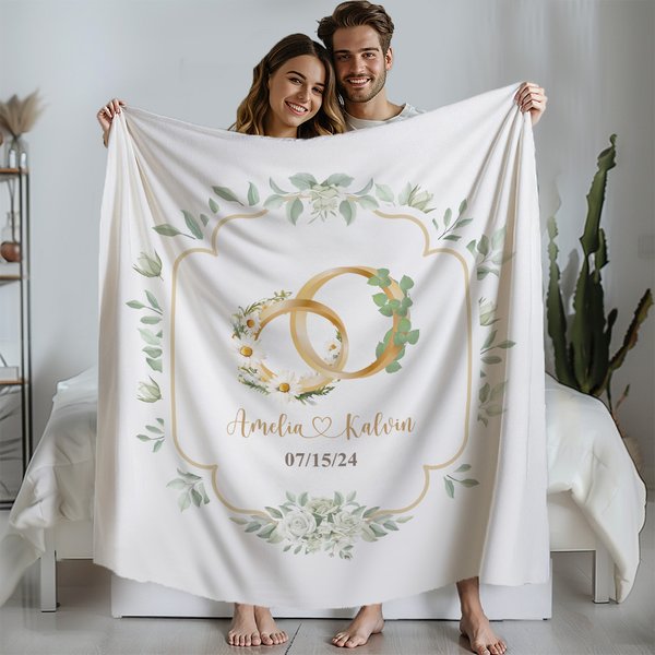 Personalized Birth Flower and Birth Leaf Rings Soft Throw Blanket with Name and Date Wedding Anniversary Home Decor Gift for Couple