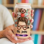 Vaso de Vidrio Esmerilado de 20oz Personalizado Divertido Lápiz de Caricatura de Mujer Manzana Tema de Maestra con Nombre Apreciación Regalo de Regres