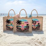 Personalised Cute Cartoon Woman Resort Summer Time Coconut Tree Jute Tote Bag with Name Holiday Travel Beach Party Gift for Her