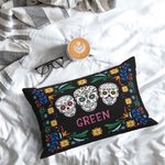 Personlig mexikansk blommig sockerskalle Rektangulär kastkuddeöverdrag med namn Gotisk heminredning Day of the Dead Present till familjen