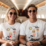 Personalized Hello Summer Palm Tree Cartoon 100% Cotton T-Shirt with Birth Flower and Name Holiday Beach Party Birthday Gift for Women Men