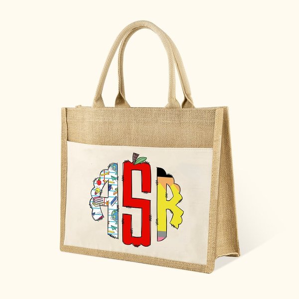 Gepersonaliseerde Doodle Monogram Grote Jute boodschappentas met handvat Teacher's Day Appreciation Gift voor lerarenopleiders