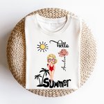 Personalized Hello Summer Palm Tree Cartoon 100% Cotton T-Shirt with Birth Flower and Name Holiday Beach Party Birthday Gift for Women Men