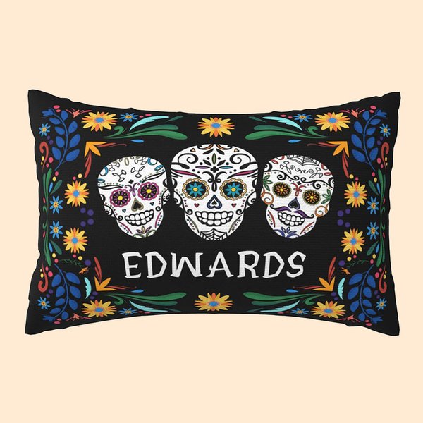 Personalised Mexican Floral Sugar Skull Rectangular Throw Pillow Cover with Name Gothic Home Decor Day of the Dead Gift for Family