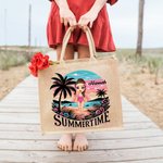 Personalised Cute Cartoon Woman Resort Summer Time Coconut Tree Jute Tote Bag with Name Holiday Travel Beach Party Gift for Her