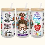 Vaso de Vidrio Esmerilado de 20oz Personalizado Divertido Lápiz de Caricatura de Mujer Manzana Tema de Maestra con Nombre Apreciación Regalo de Regres