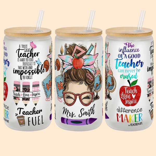Personalizzato divertente Cartoon Donne Matita Mela Tema Insegnante 20 oz Bicchiere di vetro smerigliato con nome Apprezzamento Regalo di ritorno a sc