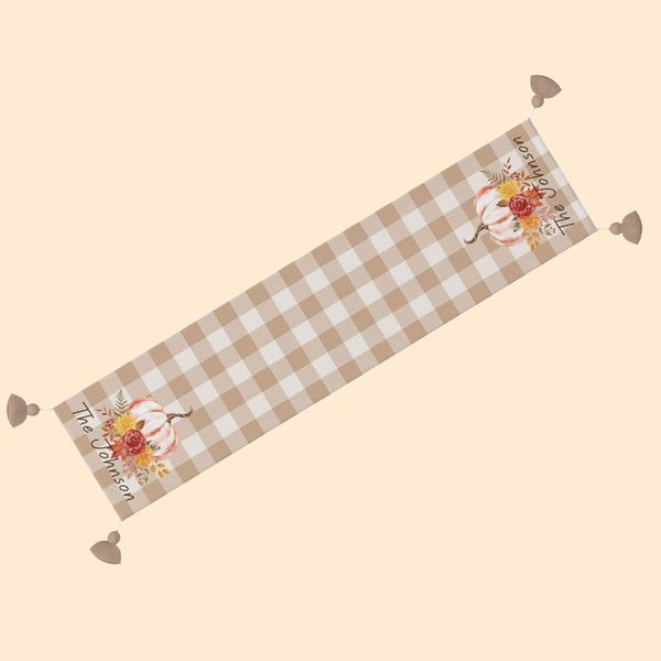 Personalized Watercolour Pumpkin Check Plaid Linen Tassel Table Runner with Text Fall Festival Decoration Thanksgiving Halloween Gift for Family