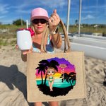 Personalized Cute Cartoon Birth Flower Bouquet Jute Tote Bag with Name Wedding Bride Party Gift for Women