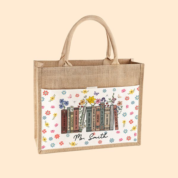 Sac en Toile de Jute Personnalisé avec Nom et Titre de Livre Floral Cadeau d'Anniversaire de Rentrée Scolaire pour Enseignant Amoureux de la Lecture
