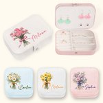 Personalized Birth Flower Bouquet Portable Leather Jewelry Case with Name Travel Essentials Birthday Wedding Bachelorette Party Gift for Her