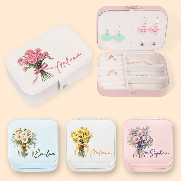 Personalized Birth Flower Bouquet Portable Leather Jewelry Case with Name Travel Essentials Birthday Wedding Bachelorette Party Gift for Her