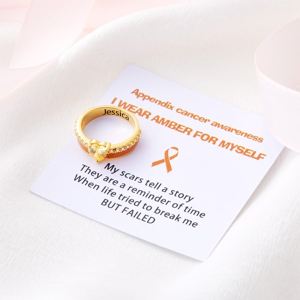 Henkilökohtainen minä Wear for Myself Heart Birthstone nauha sormus kaiverrettu nimi ja Affirmation Card Cancer Awareness Survivor lahja naisille