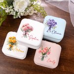 Personalized Birth Flower Bouquet Portable Leather Jewelry Case with Name Travel Essentials Birthday Wedding Bachelorette Party Gift for Her