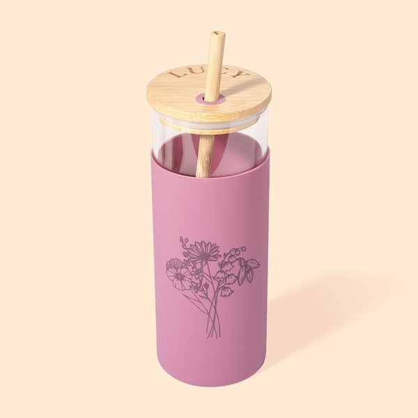Personalised Birth Flower 17oz Glass Tumbler with Silicone Sleeve and Bamboo Lid Birthday Gift for Her