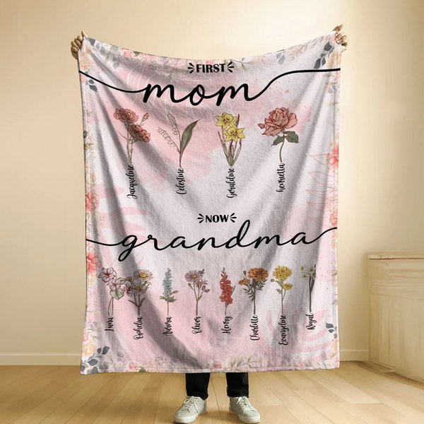 Personalisierte Geburtsblume Flanneldecke Sherpa-Decke mit Kindernamen „First Mama Now Oma“ Frauentag Muttertag Geschenk für Oma Mutter Familie