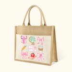 Personalized Coquette Bow Pencil Apple Globe Large Jute Tote Bag with Name and Canvas Pocket Back to School Appreciation Gift for Teacher