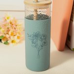 Personalized Birth Flower 17oz Glass Tumbler with Silicone Sleeve and Bamboo Lid Birthday Gift for Her