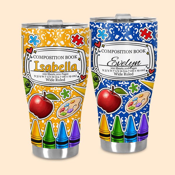Vaso isotérmico de 30oz con nombre y pajita personalizado con diseño de libro de composición de colores y crayón de manzana Regalo de agradecimiento p