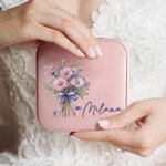 Personalized Birth Flower Bouquet Portable Leather Jewelry Case with Name Travel Essentials Birthday Wedding Bachelorette Party Gift for Her