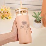 Personalized Birth Flower 17oz Glass Tumbler with Silicone Sleeve and Bamboo Lid Birthday Gift for Her