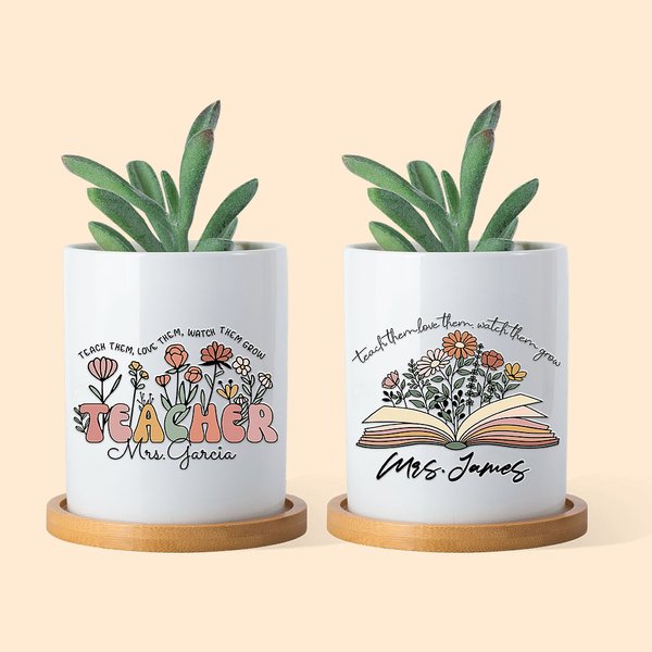 Pot de fleurs sauvages en céramique personnalisé avec plateau en bambou Cadeau de rentrée pour professeur
