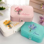Personalized Birth Flower Bouquet Portable Leather Jewelry Case with Name Travel Essentials Birthday Wedding Bachelorette Party Gift for Her