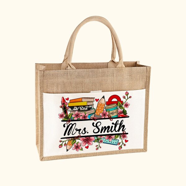 Personalized Pencil Peach Blossom Name Jute Tote Bag with Front Pocket Teacher's Day Appreciation Gift for Teacher